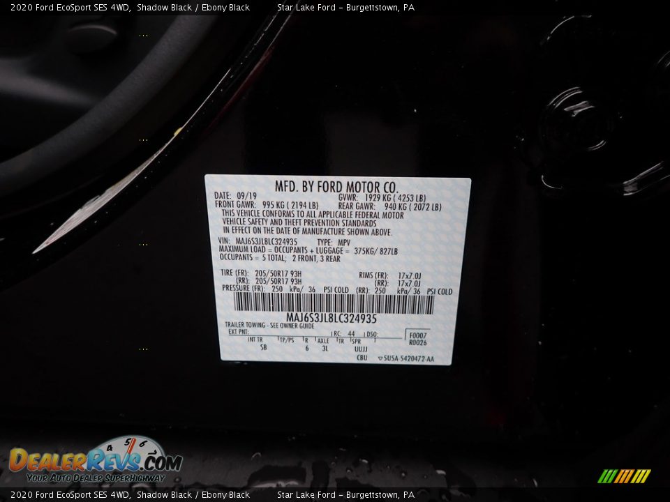 2020 Ford EcoSport SES 4WD Shadow Black / Ebony Black Photo #10