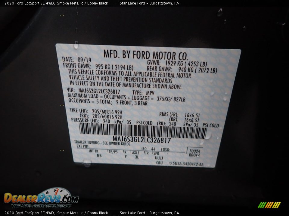 2020 Ford EcoSport SE 4WD Smoke Metallic / Ebony Black Photo #10