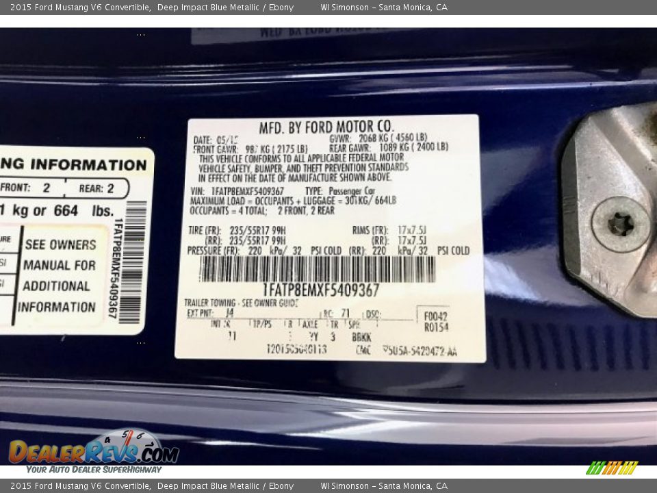 2015 Ford Mustang V6 Convertible Deep Impact Blue Metallic / Ebony Photo #22