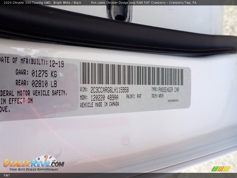 Chrysler Color Code PW7 Bright White