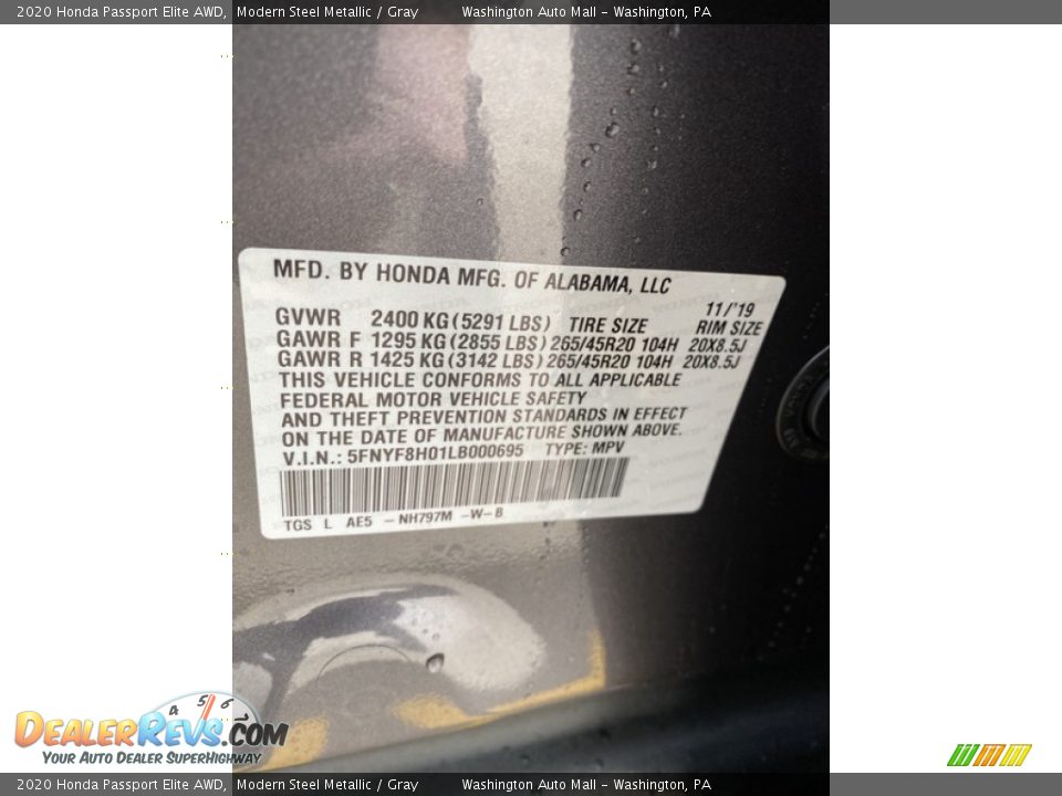 2020 Honda Passport Elite AWD Modern Steel Metallic / Gray Photo #9