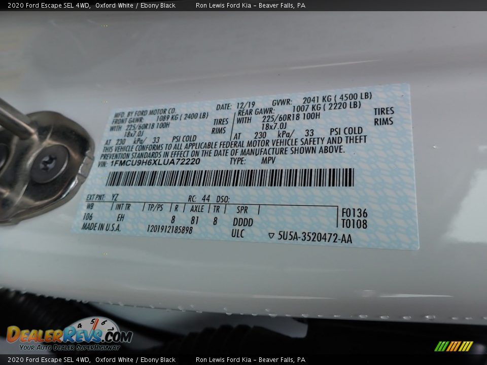 2020 Ford Escape SEL 4WD Oxford White / Ebony Black Photo #12