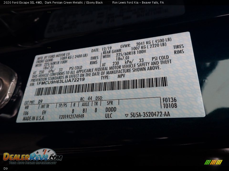 Ford Color Code D9 Dark Persian Green Metallic