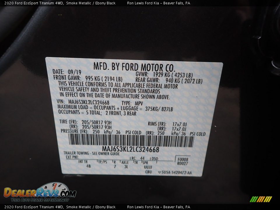 2020 Ford EcoSport Titanium 4WD Smoke Metallic / Ebony Black Photo #13