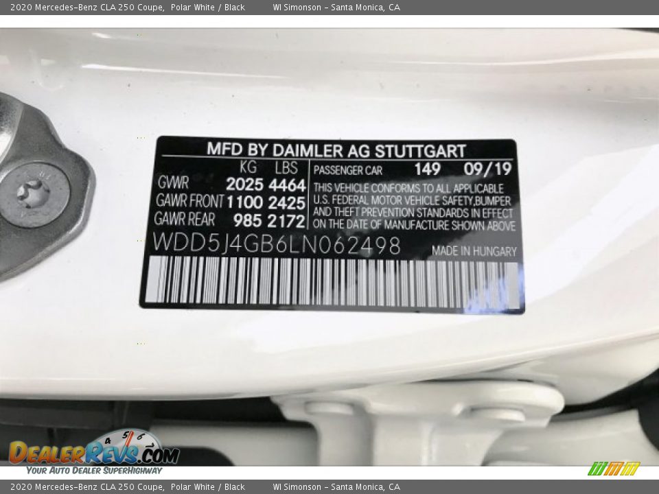 2020 Mercedes-Benz CLA 250 Coupe Polar White / Black Photo #11