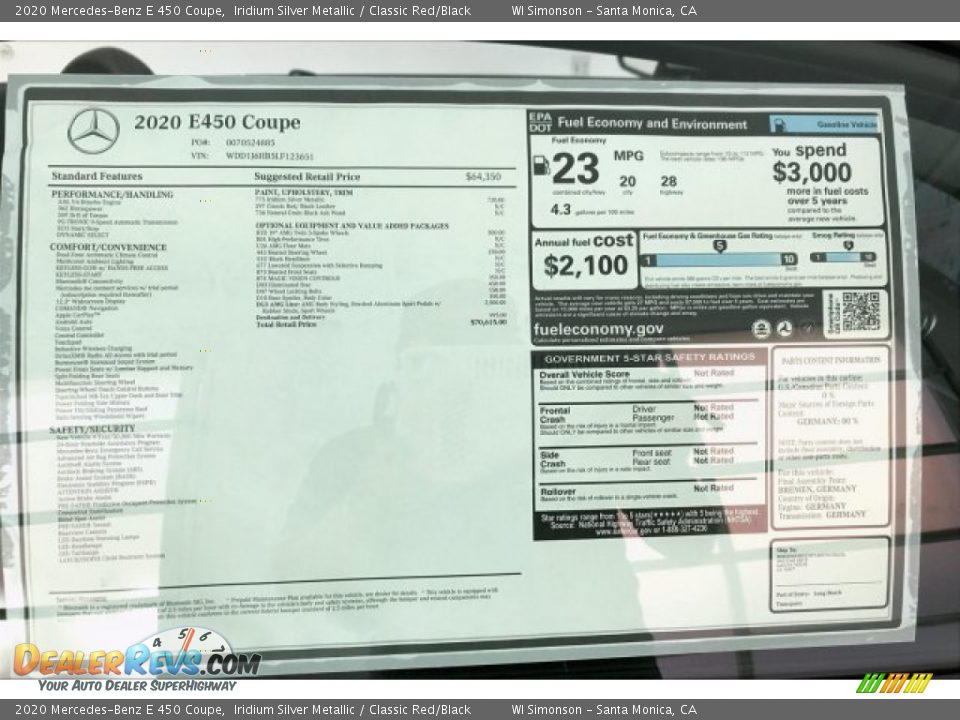 2020 Mercedes-Benz E 450 Coupe Window Sticker Photo #10