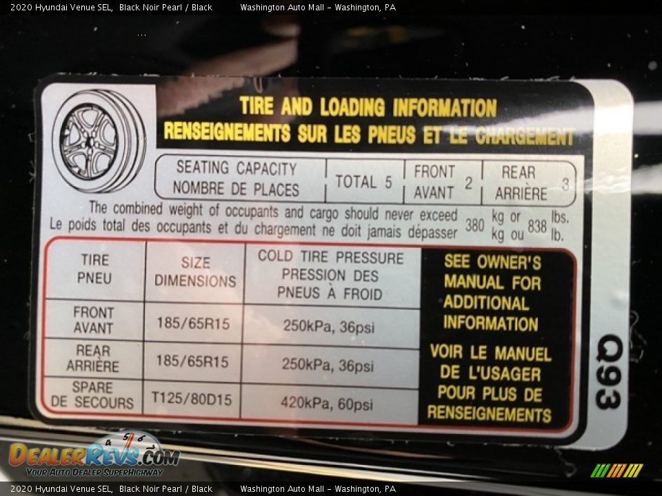 Info Tag of 2020 Hyundai Venue SEL Photo #9