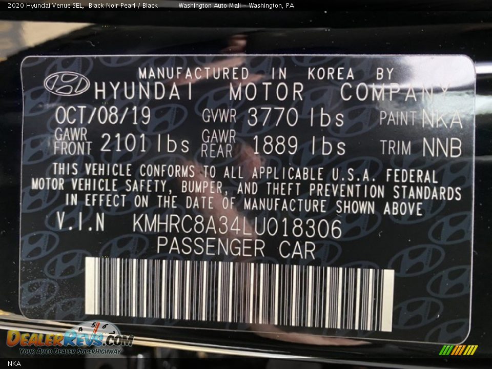 Hyundai Color Code NKA Black Noir Pearl