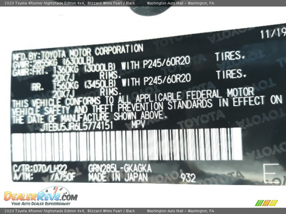 2020 Toyota 4Runner Nightshade Edition 4x4 Blizzard White Pearl / Black Photo #35