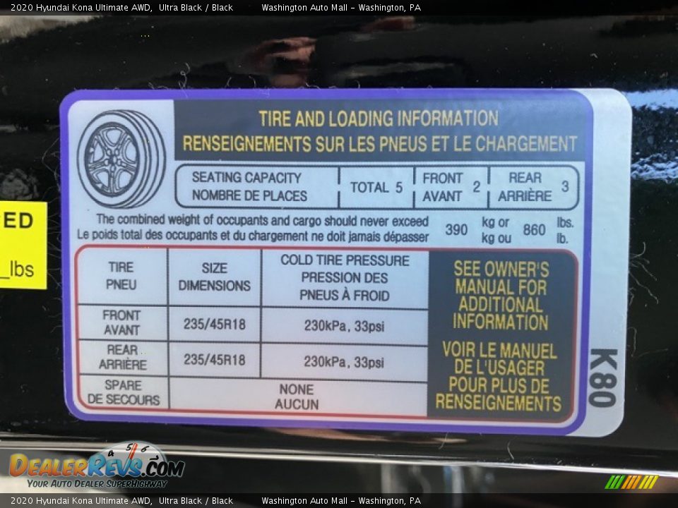 Info Tag of 2020 Hyundai Kona Ultimate AWD Photo #9