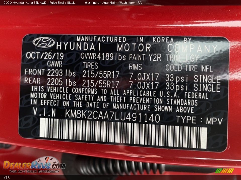 Hyundai Color Code Y2R Pulse Red