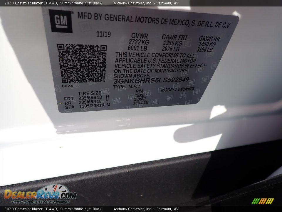 2020 Chevrolet Blazer LT AWD Summit White / Jet Black Photo #13