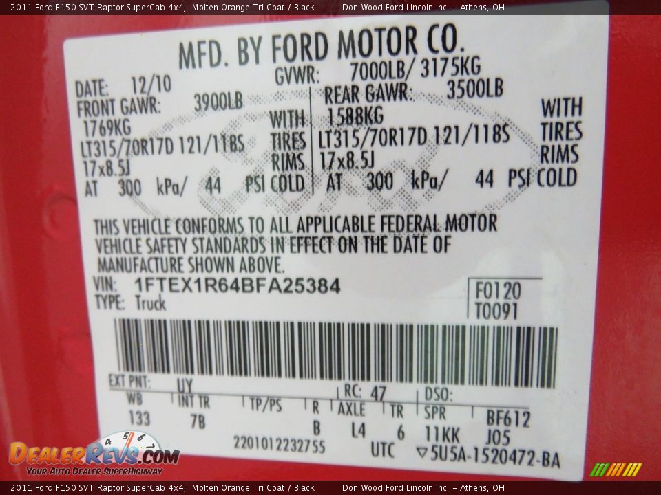 2011 Ford F150 SVT Raptor SuperCab 4x4 Molten Orange Tri Coat / Black Photo #31