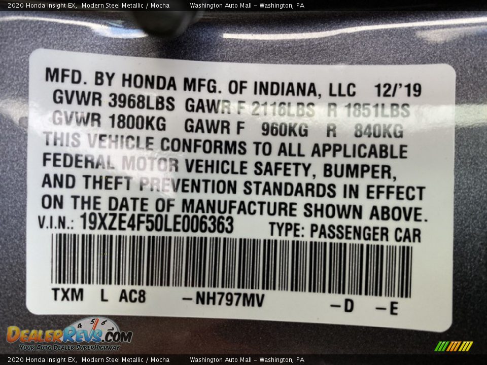 2020 Honda Insight EX Modern Steel Metallic / Mocha Photo #10