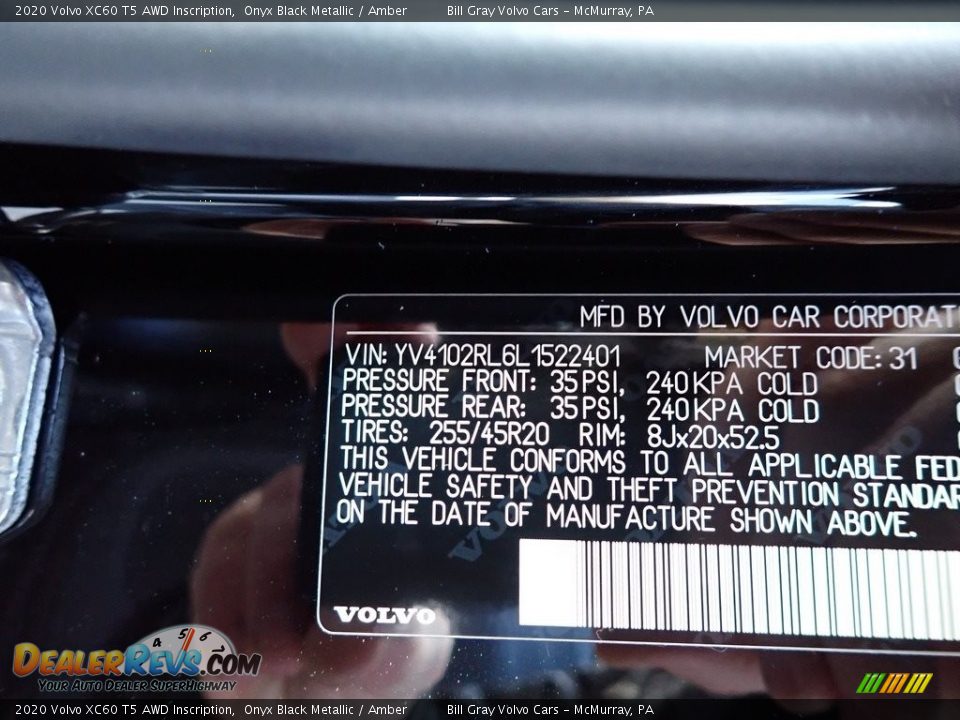 2020 Volvo XC60 T5 AWD Inscription Onyx Black Metallic / Amber Photo #11