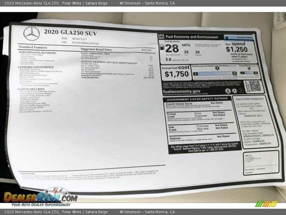 2020 Mercedes-Benz GLA 250 Polar White / Sahara Beige Photo #10