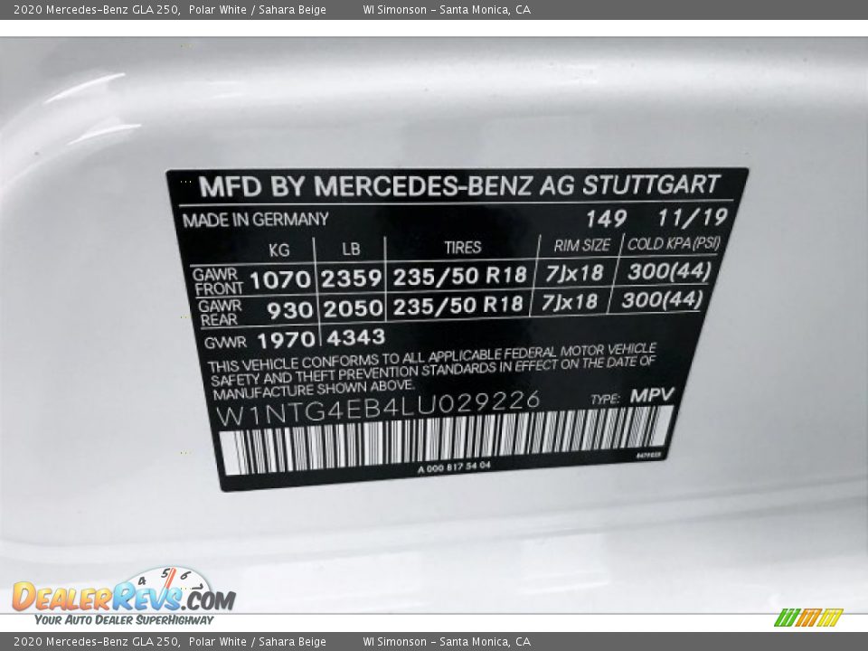 2020 Mercedes-Benz GLA 250 Polar White / Sahara Beige Photo #11