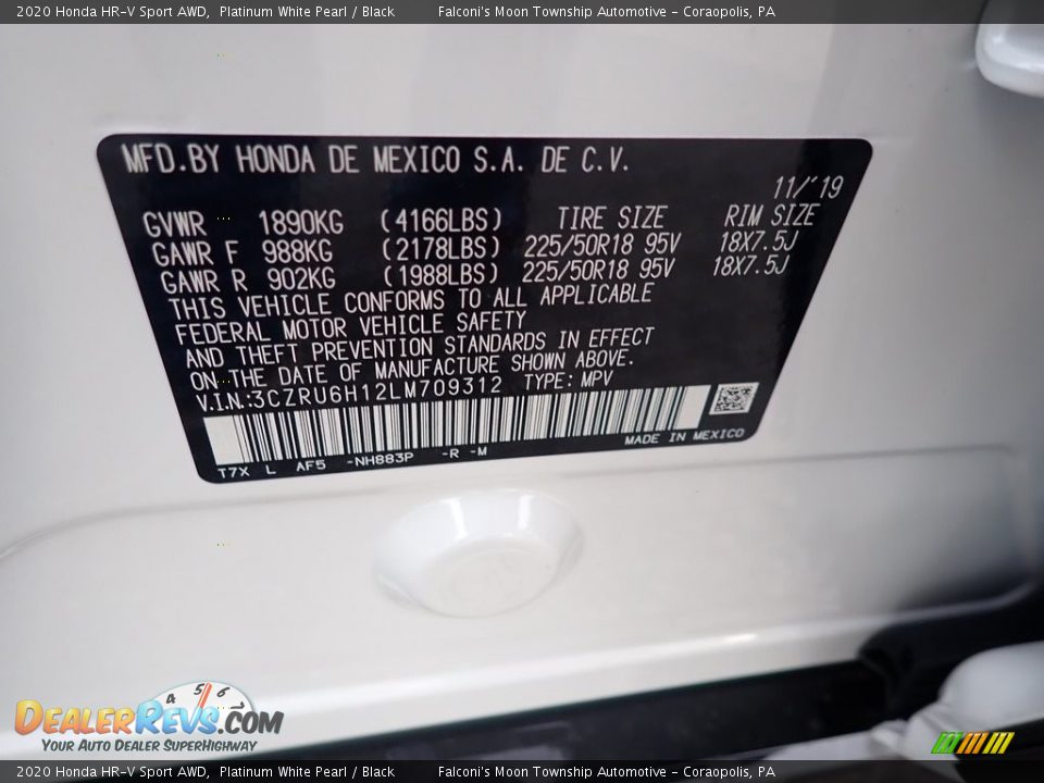 2020 Honda HR-V Sport AWD Platinum White Pearl / Black Photo #13