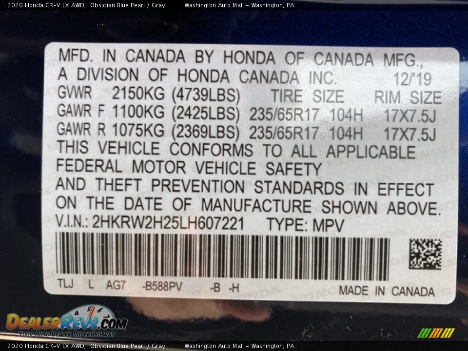 2020 Honda CR-V LX AWD Obsidian Blue Pearl / Gray Photo #9