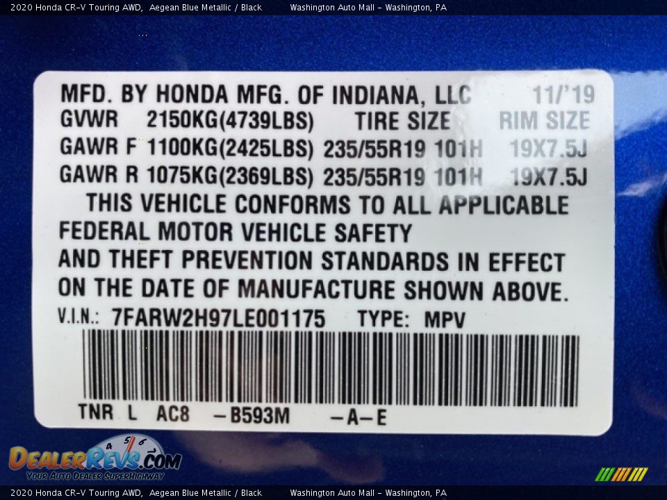 2020 Honda CR-V Touring AWD Aegean Blue Metallic / Black Photo #9