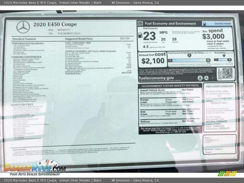 2020 Mercedes-Benz E 450 Coupe Window Sticker Photo #10