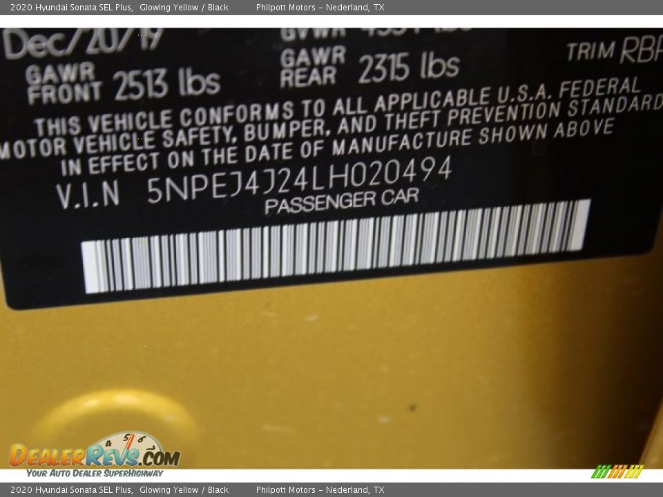 2020 Hyundai Sonata SEL Plus Glowing Yellow / Black Photo #26