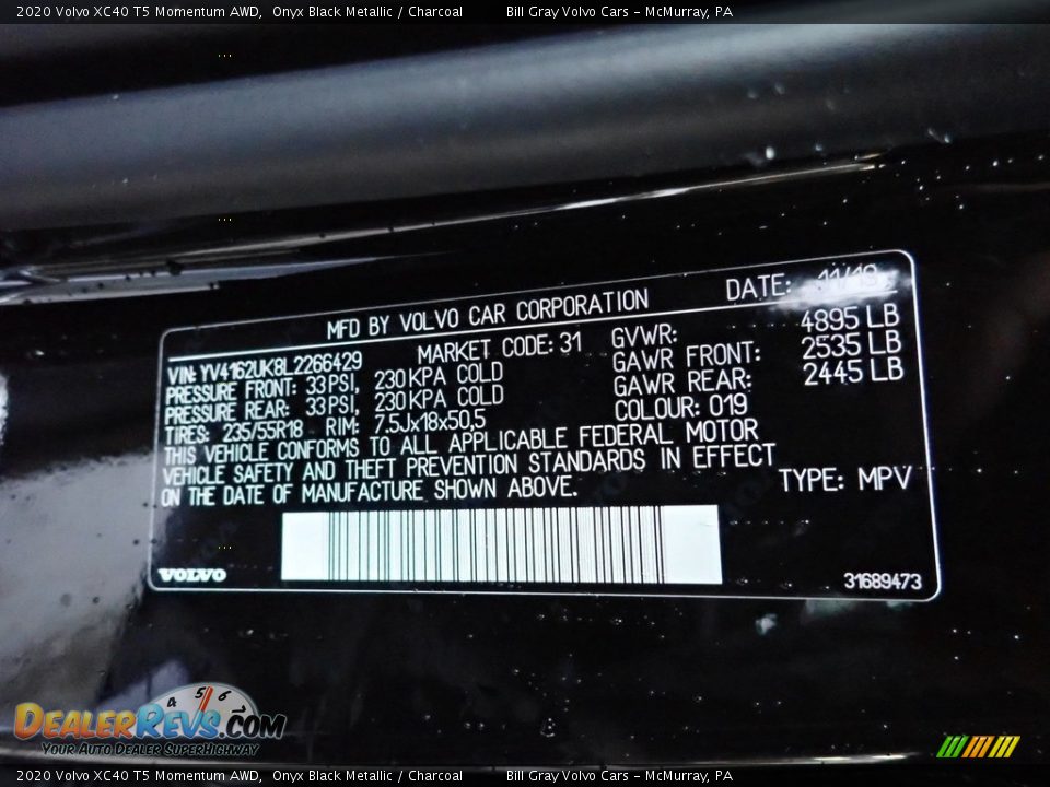 2020 Volvo XC40 T5 Momentum AWD Onyx Black Metallic / Charcoal Photo #14