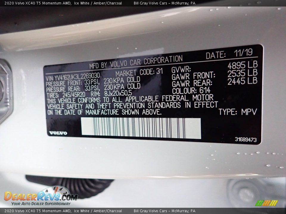 2020 Volvo XC40 T5 Momentum AWD Ice White / Amber/Charcoal Photo #14
