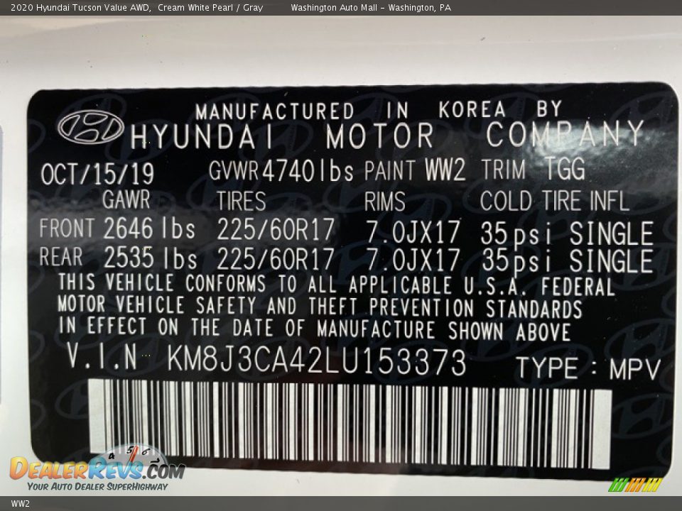 Hyundai Color Code WW2 Cream White Pearl
