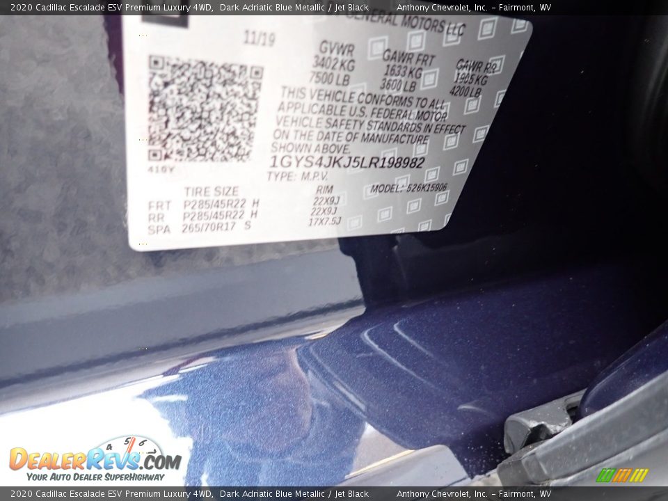 2020 Cadillac Escalade ESV Premium Luxury 4WD Dark Adriatic Blue Metallic / Jet Black Photo #15