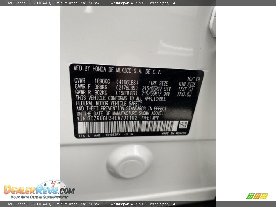 2020 Honda HR-V LX AWD Platinum White Pearl / Gray Photo #9