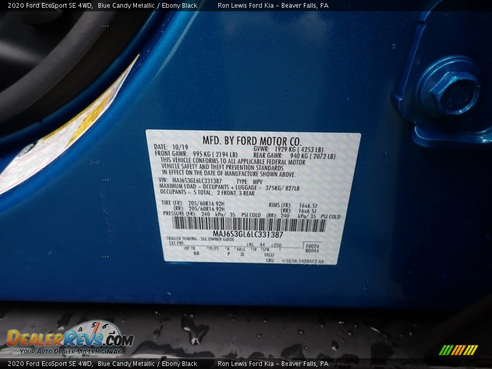 2020 Ford EcoSport SE 4WD Blue Candy Metallic / Ebony Black Photo #11