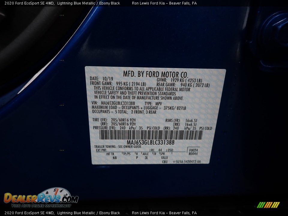 2020 Ford EcoSport SE 4WD Lightning Blue Metallic / Ebony Black Photo #13