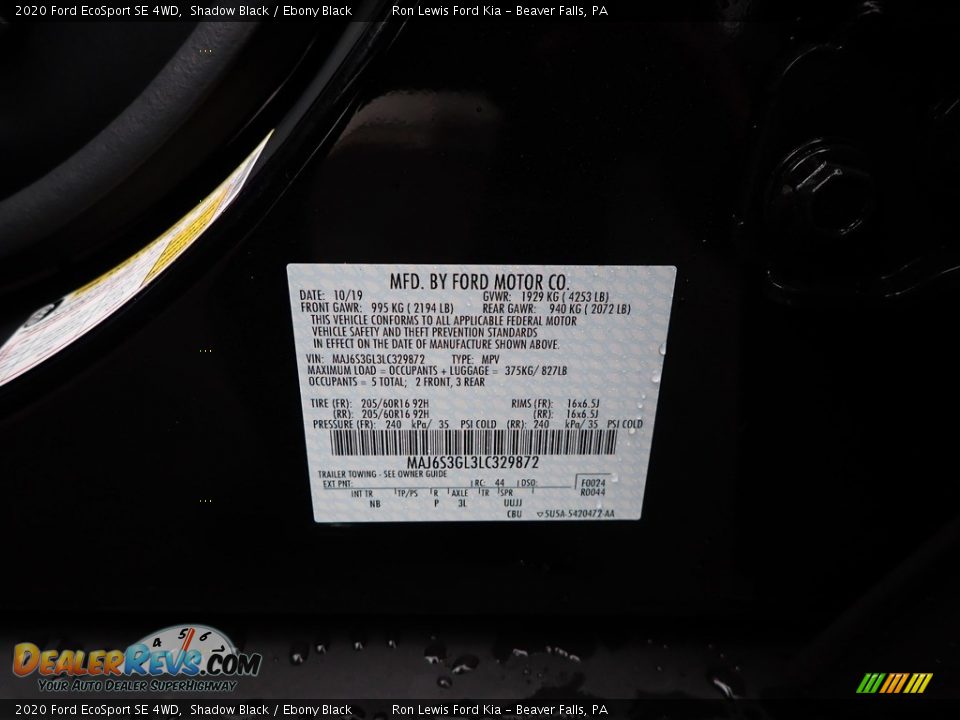2020 Ford EcoSport SE 4WD Shadow Black / Ebony Black Photo #13