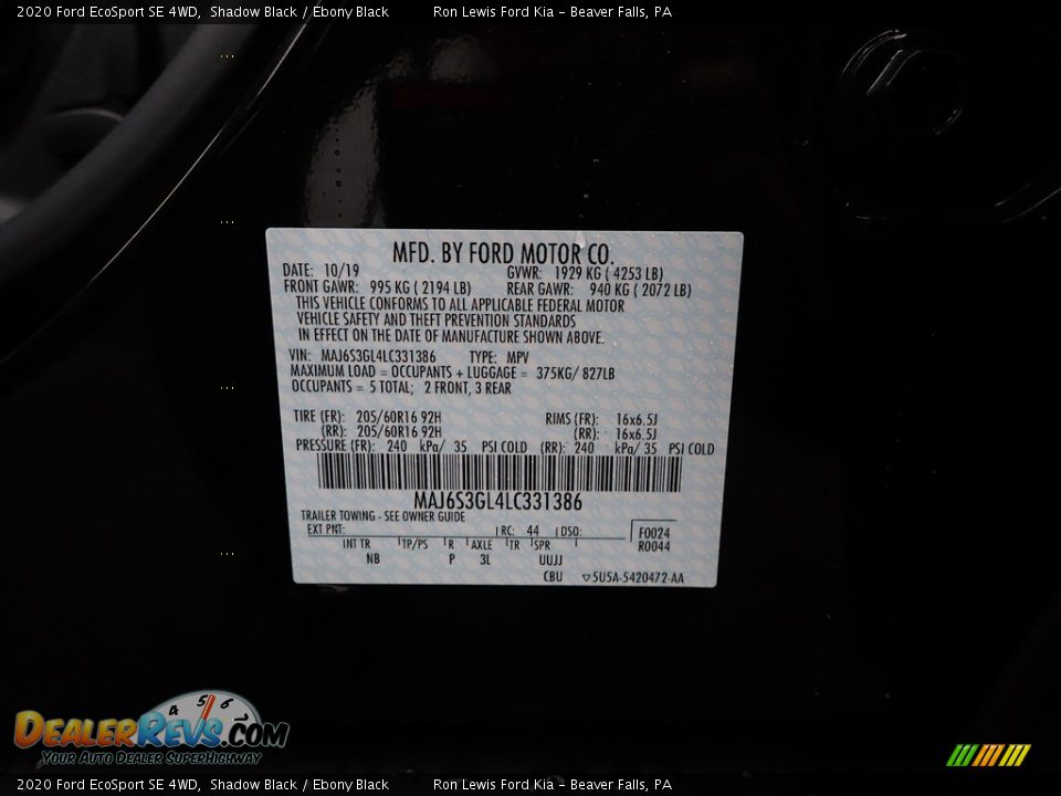 2020 Ford EcoSport SE 4WD Shadow Black / Ebony Black Photo #13