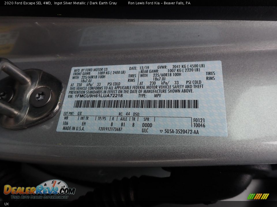 Ford Color Code UX Ingot Silver Metallic