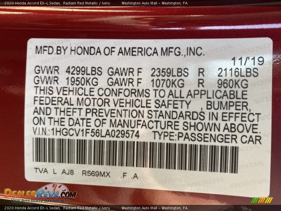 2020 Honda Accord EX-L Sedan Radiant Red Metallic / Ivory Photo #9