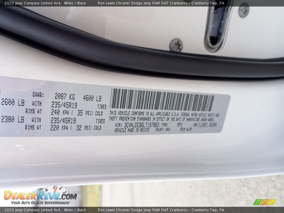 2020 Jeep Compass Limted 4x4 White / Black Photo #16