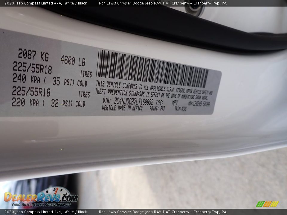 2020 Jeep Compass Limted 4x4 White / Black Photo #16