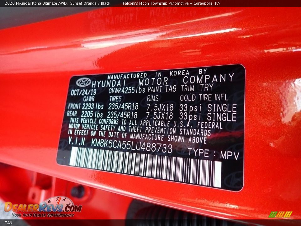 Hyundai Color Code TA9 Sunset Orange