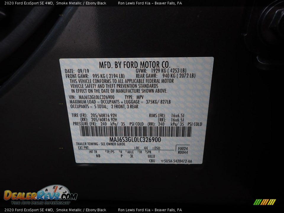 2020 Ford EcoSport SE 4WD Smoke Metallic / Ebony Black Photo #11