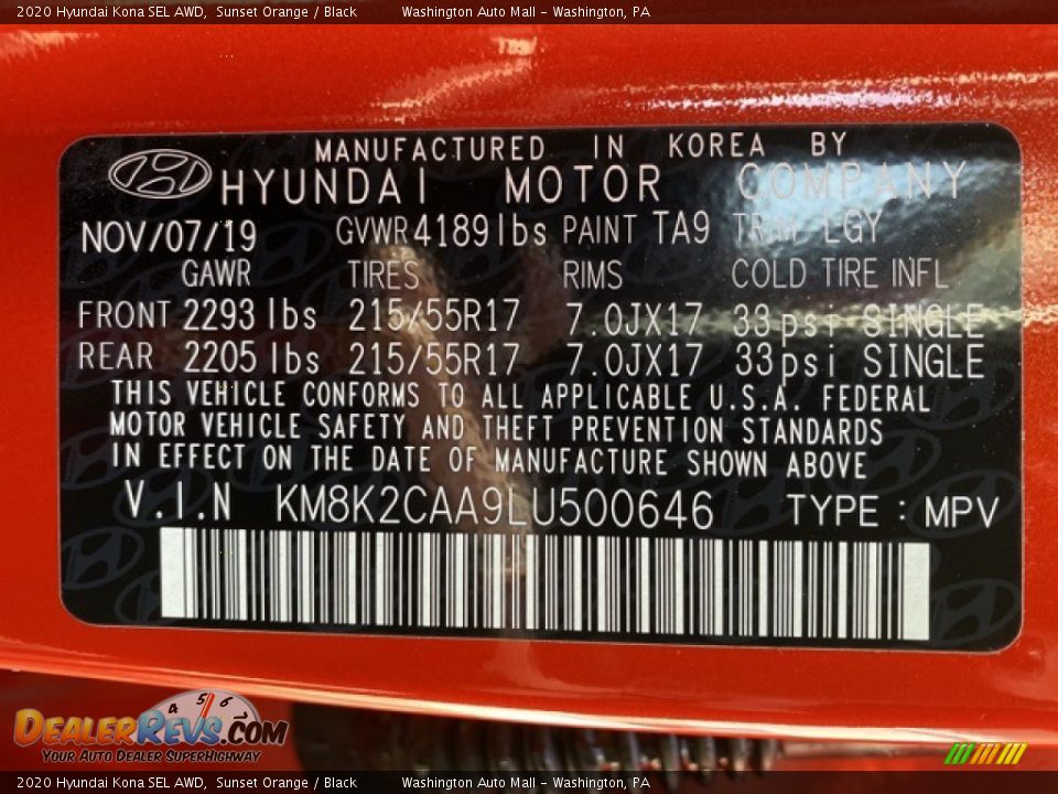 2020 Hyundai Kona SEL AWD Sunset Orange / Black Photo #10