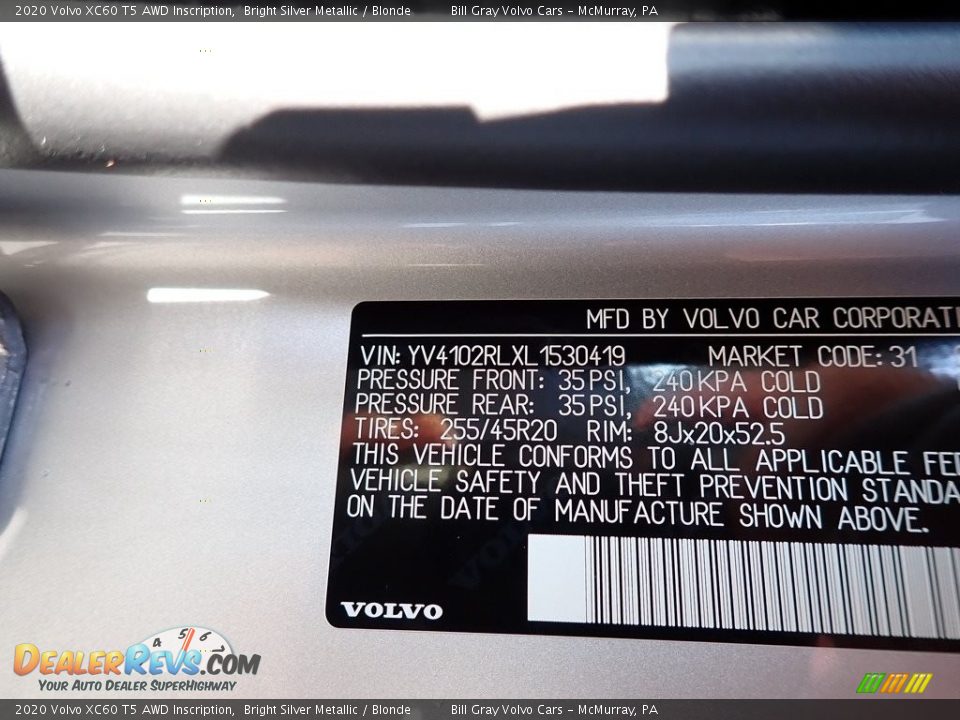 2020 Volvo XC60 T5 AWD Inscription Bright Silver Metallic / Blonde Photo #11