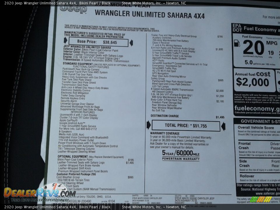 2020 Jeep Wrangler Unlimited Sahara 4x4 Window Sticker Photo #32