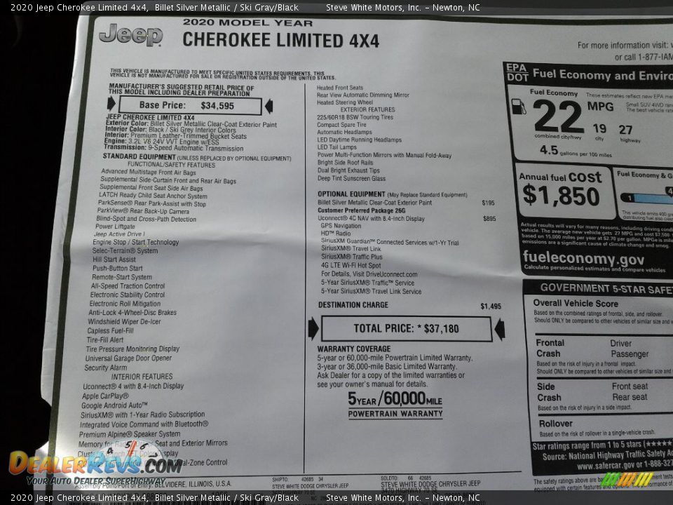 2020 Jeep Cherokee Limited 4x4 Window Sticker Photo #34