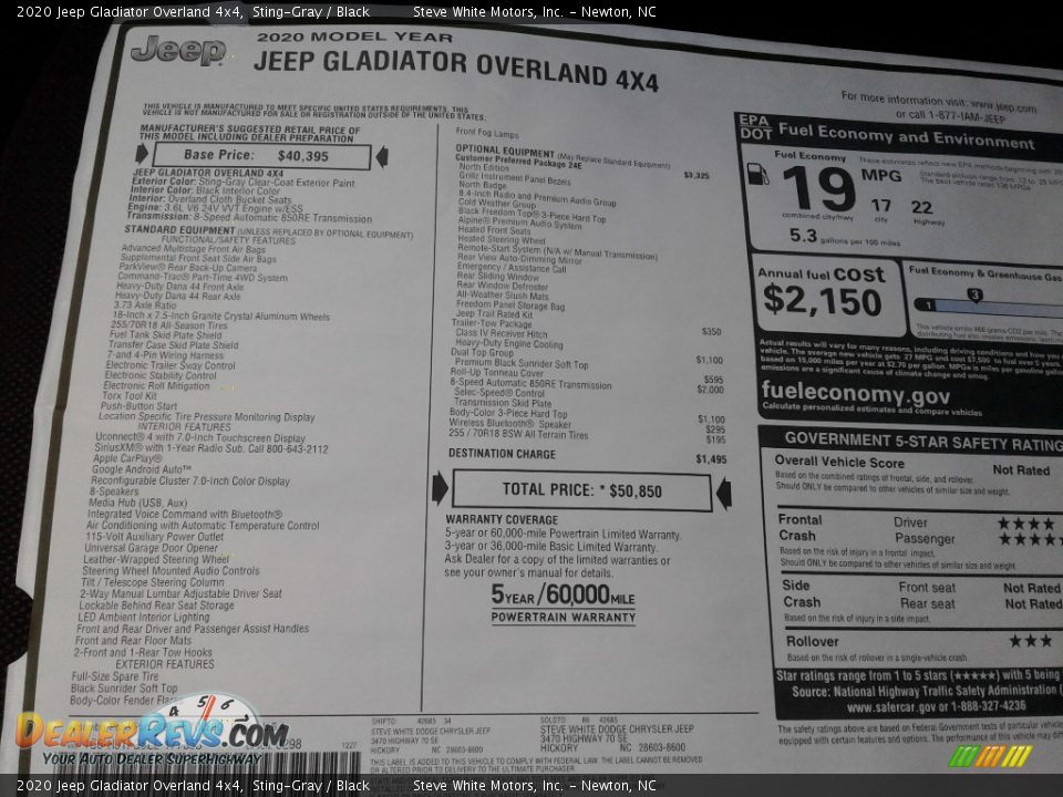 2020 Jeep Gladiator Overland 4x4 Window Sticker Photo #31