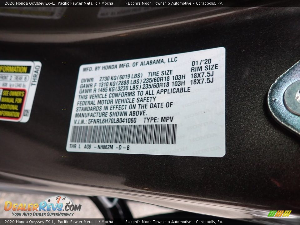 2020 Honda Odyssey EX-L Pacific Pewter Metallic / Mocha Photo #12