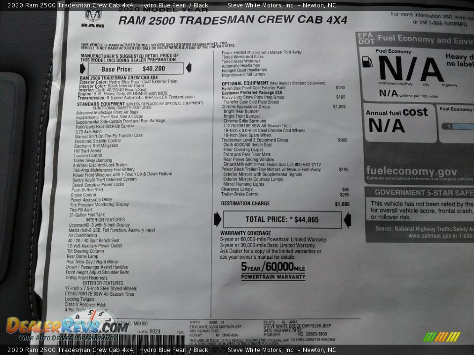 2020 Ram 2500 Tradesman Crew Cab 4x4 Window Sticker Photo #27