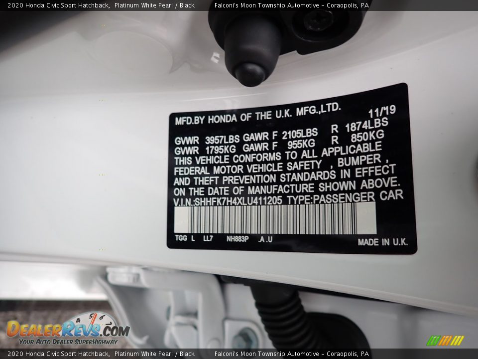 2020 Honda Civic Sport Hatchback Platinum White Pearl / Black Photo #13