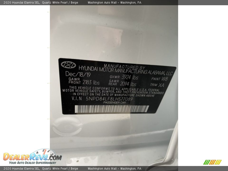 2020 Hyundai Elantra SEL Quartz White Pearl / Beige Photo #10